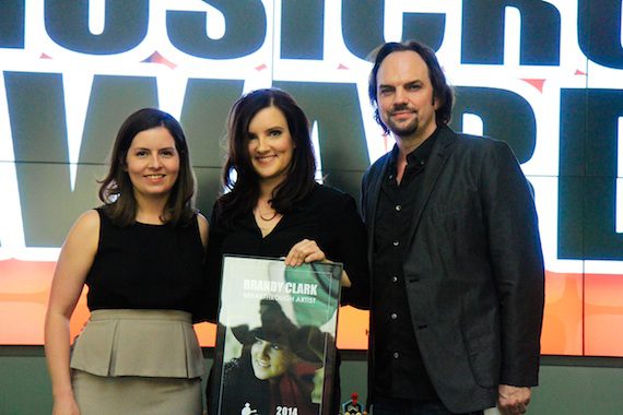 Pictured (L-R): MusicRow's Sarah Skates, MusicRow Breakthrough Artist of the Year Brandy Clark and MusicRow Owner/Publisher Sherod Robertson. Photo: Bev Moser/Moments By Moser