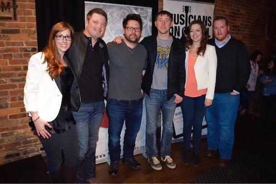 Pictured (L-R): Katy Epley, Musicians On Call; Rodney Clawson; Chris DeStefano; Ashley Gorley; Dana Sones, Musicians On Call; James Howell, Musicians On Call at the Listening Room Cafe Friday night. Photo: Bev Moser