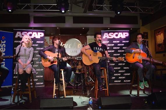 Pictured (L-R): RaeLynn, Jimmy Robbins, Michael Carter and JT Harding at the Hard Rock Cafe Friday night. Photo: Bev Moser