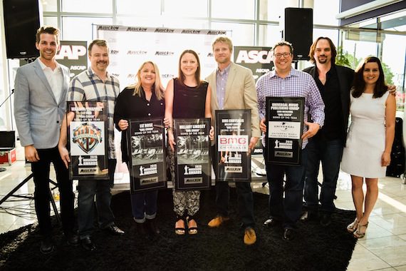 Pictured (L-R): MusicRow's Eric T. Parker, Warner/Chappell's Ben Vaughn, "Girl Crush" songwriters Liz Rose and Hillary Lindsey, BMG's Kos Weaver, Universal Music Publishing Group's Kent Earls, and MusicRow's Sherod Robertson and Sarah Skates. Not pictured: Lori McKenna. Photo: Bev Moser.