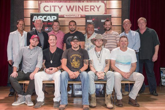 Celebrating Jason Aldean’s No. 1 hit “Burnin’ It Down.” (L-R): (back row): BBR Music Group’s Jon Loba and Benny Brown, BMI’s Bradley Collins, producer Michael Knox, Big Loud Shirt’s Craig Wiseman and Matt Turner, Round Hill’s Mark Brown and ASCAP’s Mike Sistad. (Front row): songwriter Chris Tompkins, BMI songwriter Tyler Hubbard, BMI affiliate Jason Aldean, BMI songwriters Brian Kelley and Rodney Clawson.