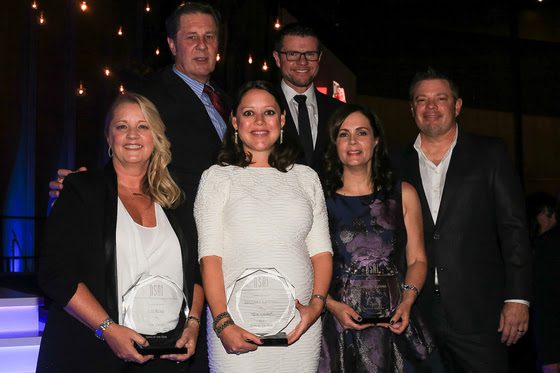 Pictured (L-R): Back row NSAI Executive Director Bart Herbison and NSAI president Lee Thomas Miller.  Front Row (L-R): Liz Rose, Hillary Lindsey and Lori McKenna (Song of the Year for "Girl Crush") and NSAI Songwriter of the Year Rodney Clawson.