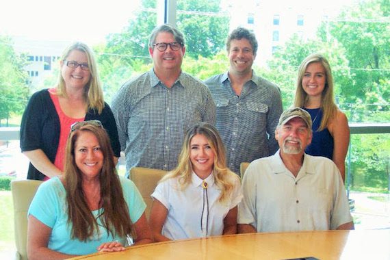 Pictured (Back row, L-R): WME's Abby Wells-Baas, Jay Williams and Rush Davenport; Jaela Scaife, Little Extra Music. Front row (L-R): Lisa Ramsey-Perkins, Little Extra Music; Kelsey Waters; Joe Scaife, Little Extra Music.