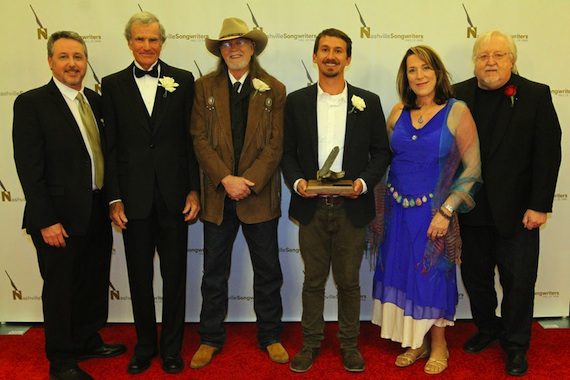 NaSHOF Executive Director Mark Ford; Hall of Fame Inductees Bob Morrison, Aaron Barker, Will Van Zandt accepting for Townes Van Zandt, Beth Nielsen Chapman and NaSHOF Board Chair and Hall of Fame member Pat Alger. Photo: Bev Moser